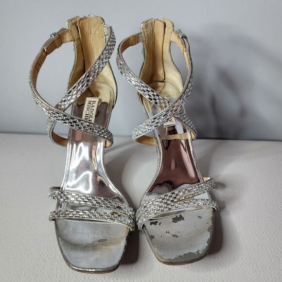 Badgley Mischka ZULEMA Silver Leather Heels Women Size 9.5 Two Tone Distressed - Picture 3 of 7
